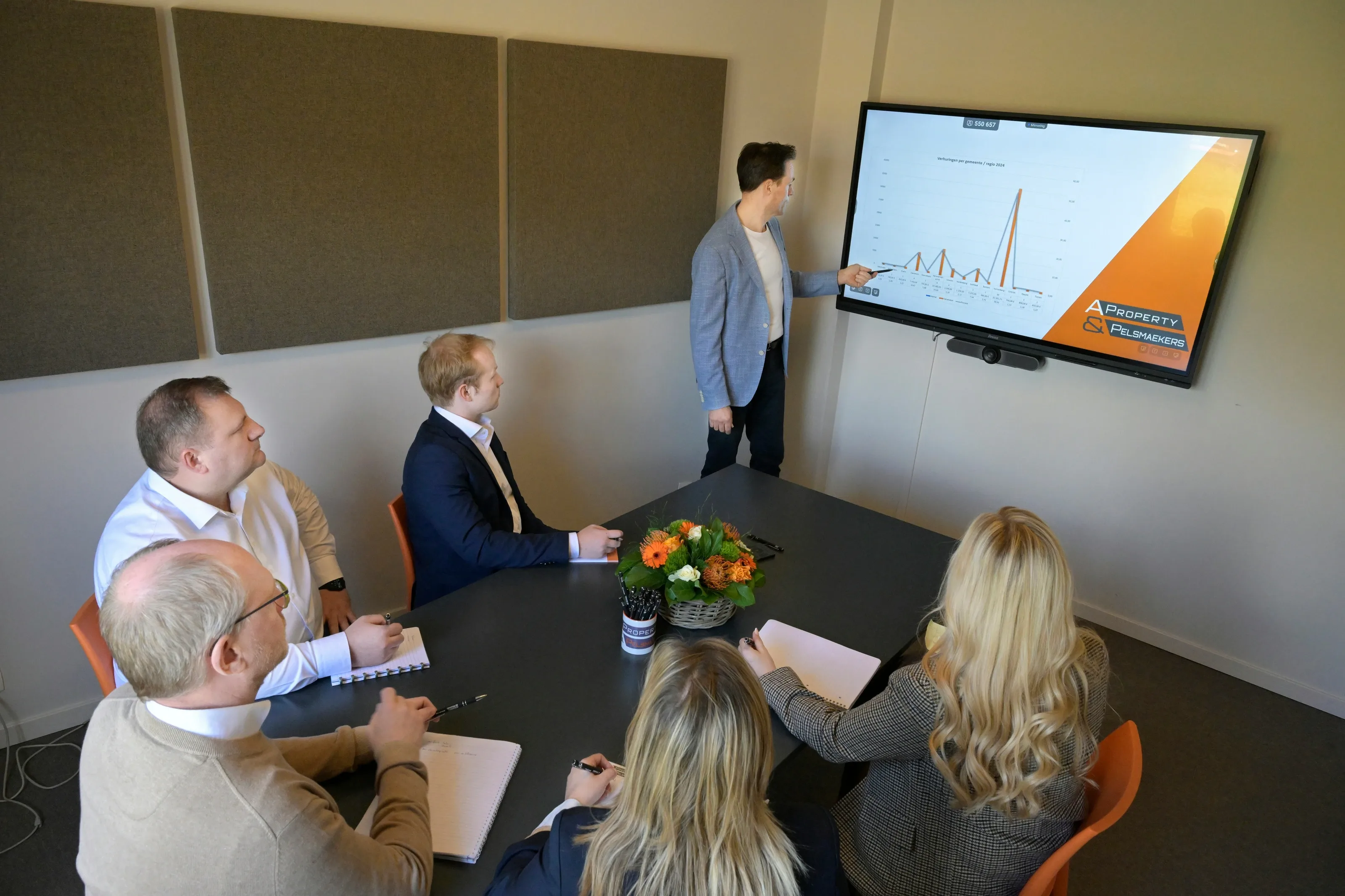 Tutor presenting slides on a large screen to delegates seated around a table